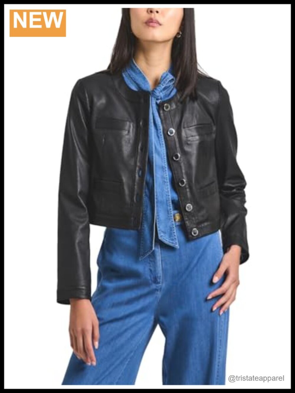 Cropped Stretch Lamb Leather Jacket Gold Buttons
